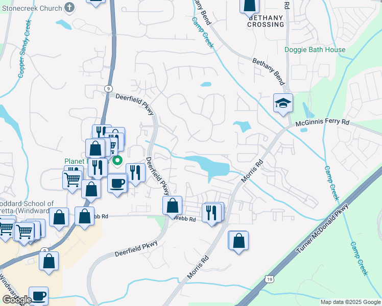 map of restaurants, bars, coffee shops, grocery stores, and more near 3533 Wennington Trc in Alpharetta