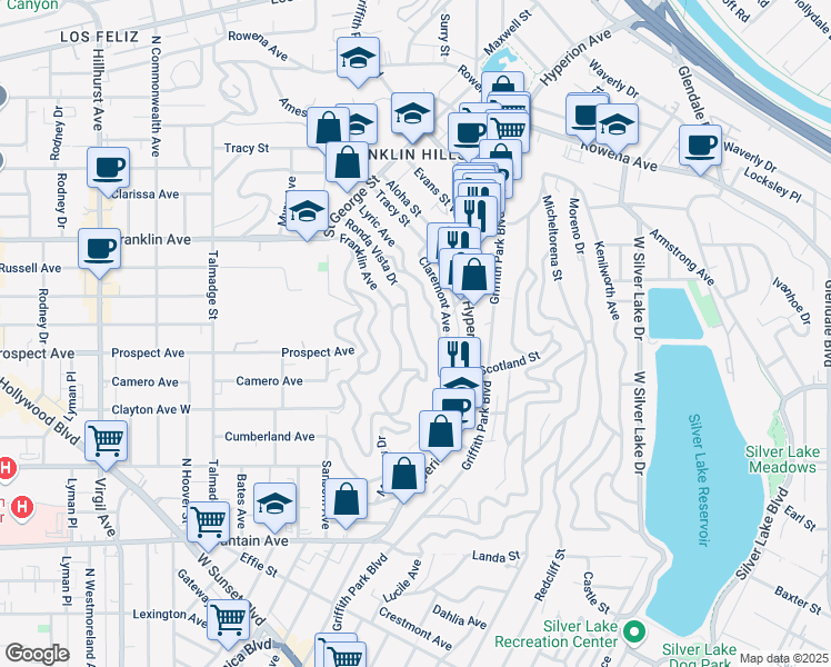 map of restaurants, bars, coffee shops, grocery stores, and more near 2266 Ronda Vista Drive in Los Angeles