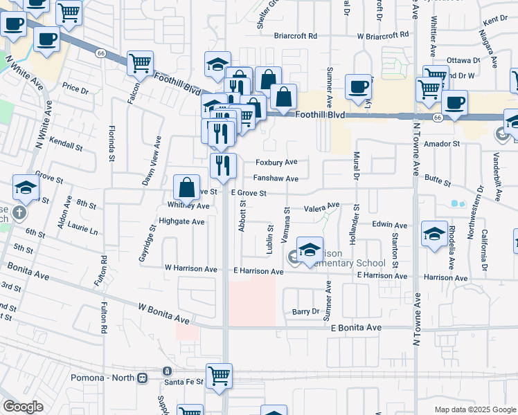 map of restaurants, bars, coffee shops, grocery stores, and more near 214 Arcana Court in Pomona