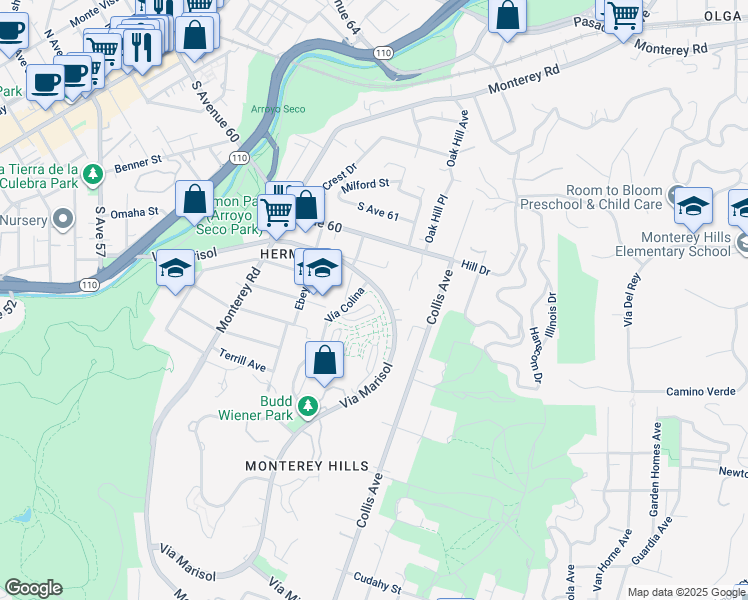 map of restaurants, bars, coffee shops, grocery stores, and more near 4808 Vía Colina in Los Angeles