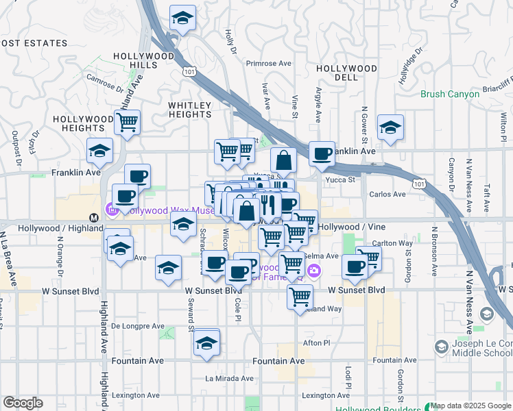 map of restaurants, bars, coffee shops, grocery stores, and more near 1724 North Cahuenga Boulevard in Los Angeles