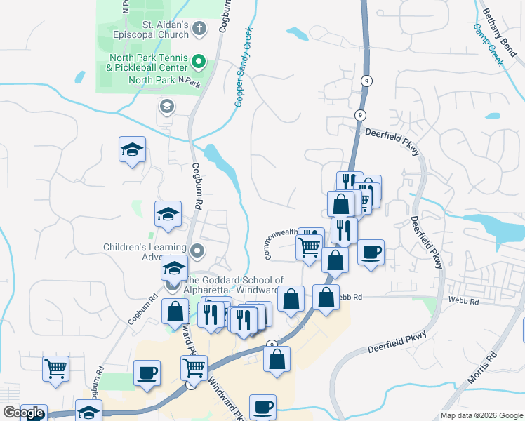 map of restaurants, bars, coffee shops, grocery stores, and more near 800 Barberry Drive in Alpharetta