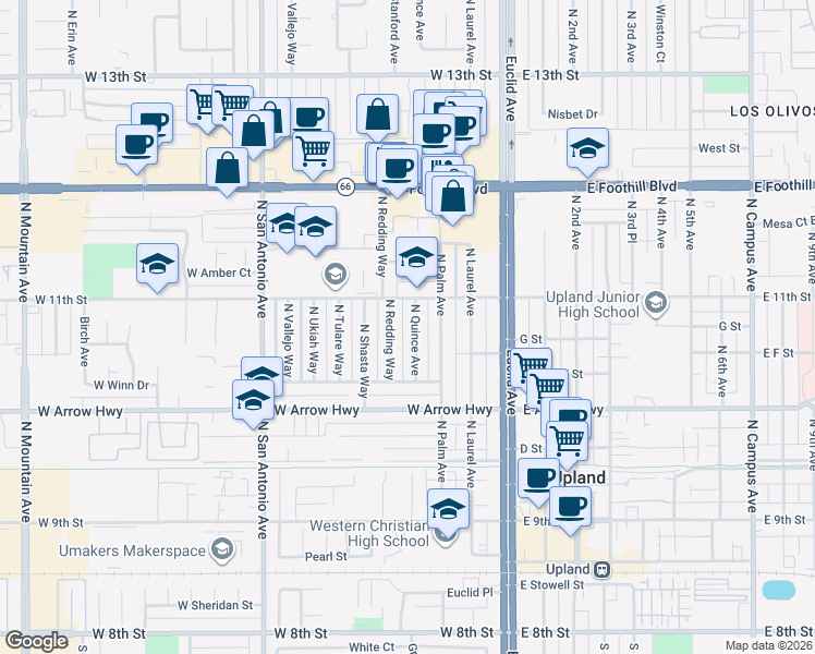 map of restaurants, bars, coffee shops, grocery stores, and more near 723 North Quince Avenue in Upland