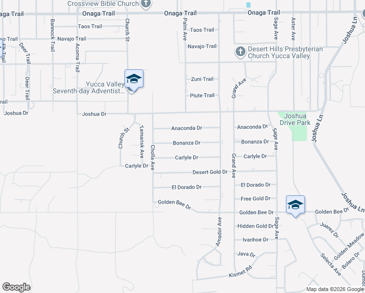 map of restaurants, bars, coffee shops, grocery stores, and more near 56527 Bonanza Drive in Yucca Valley