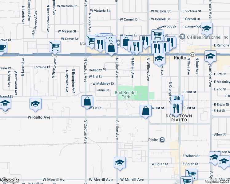 map of restaurants, bars, coffee shops, grocery stores, and more near 230 North Lilac Avenue in Rialto