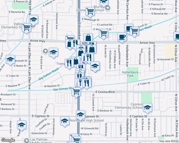 map of restaurants, bars, coffee shops, grocery stores, and more near 801 West Grondahl Street in Covina