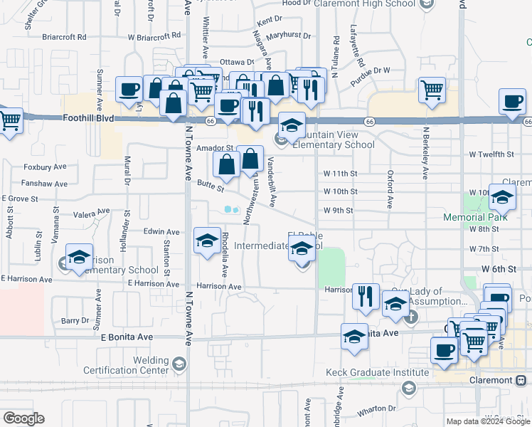 map of restaurants, bars, coffee shops, grocery stores, and more near 906 Butte Street in Claremont