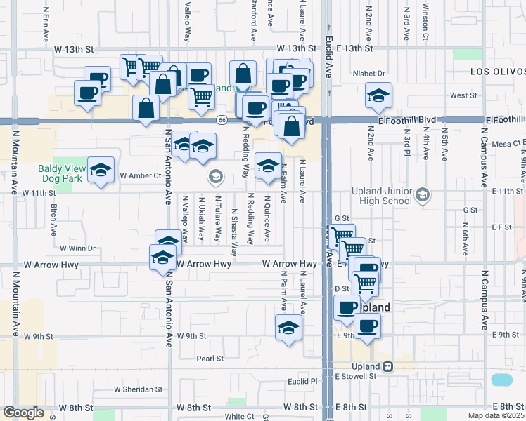 map of restaurants, bars, coffee shops, grocery stores, and more near 723 North Quince Avenue in Upland