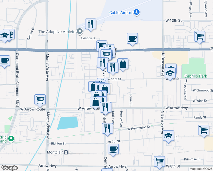 map of restaurants, bars, coffee shops, grocery stores, and more near 726 North Central Avenue in Upland