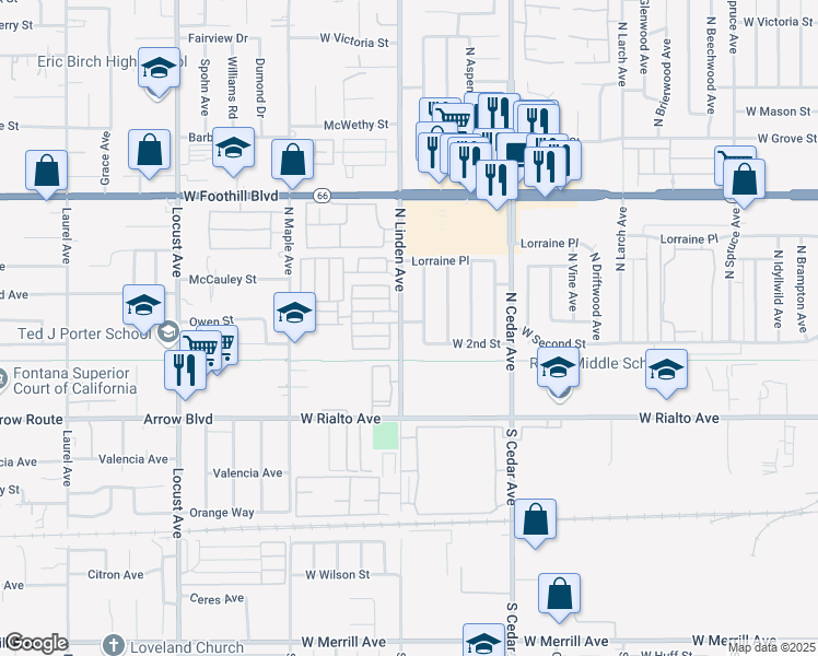 map of restaurants, bars, coffee shops, grocery stores, and more near 295 North Linden Avenue in Rialto