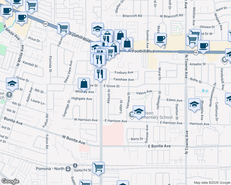 map of restaurants, bars, coffee shops, grocery stores, and more near 214 Arcana Court in Pomona