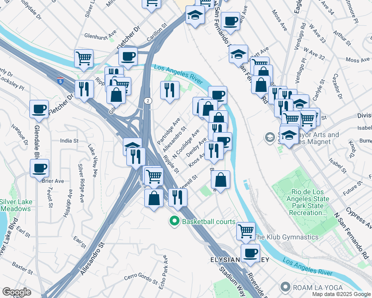map of restaurants, bars, coffee shops, grocery stores, and more near 2856 North Coolidge Avenue in Los Angeles