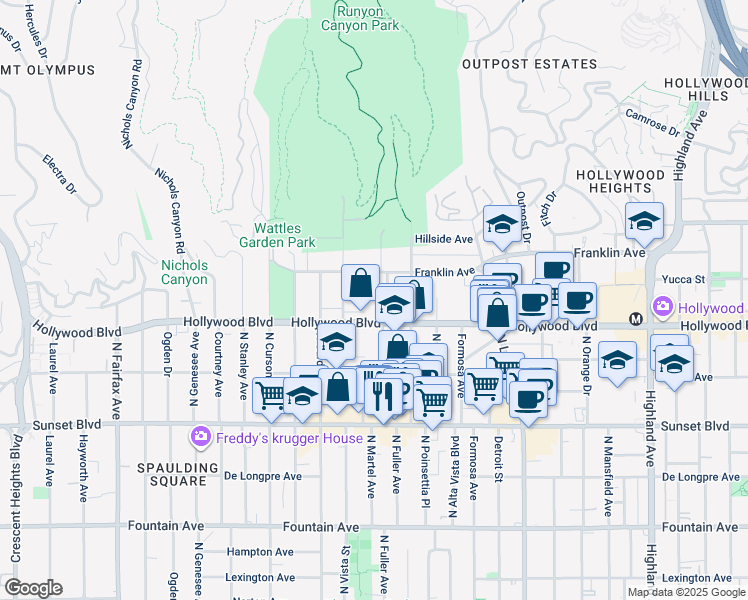 map of restaurants, bars, coffee shops, grocery stores, and more near 1725 Camino Palmero Street in Los Angeles