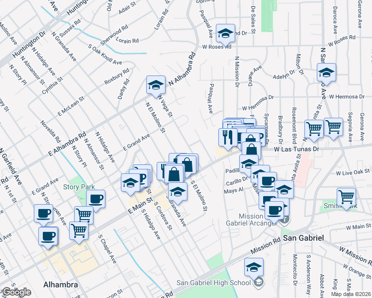 map of restaurants, bars, coffee shops, grocery stores, and more near 115 North Vega Street in Alhambra
