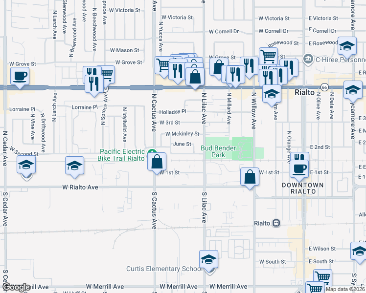 map of restaurants, bars, coffee shops, grocery stores, and more near 589 June Street in Rialto
