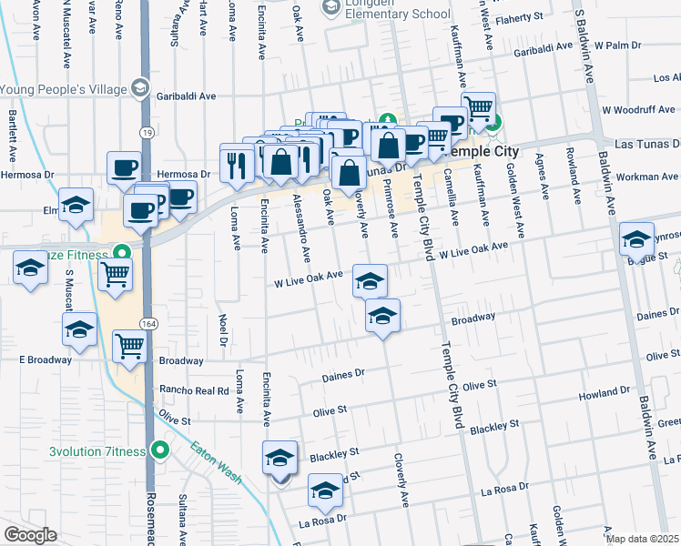 map of restaurants, bars, coffee shops, grocery stores, and more near 4336 Oak Avenue in Temple City