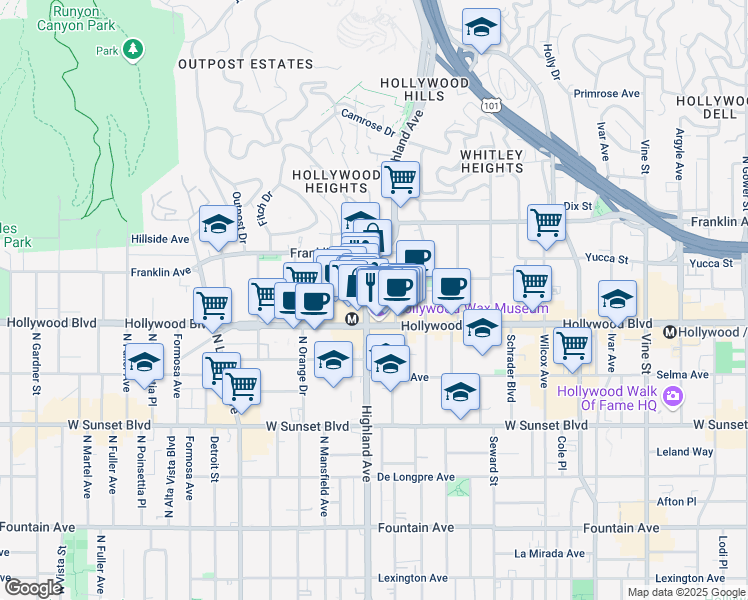 map of restaurants, bars, coffee shops, grocery stores, and more near 1724 North Highland Avenue in Hollywood