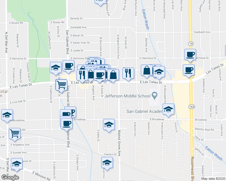 map of restaurants, bars, coffee shops, grocery stores, and more near 5626 North Willard Avenue in San Gabriel