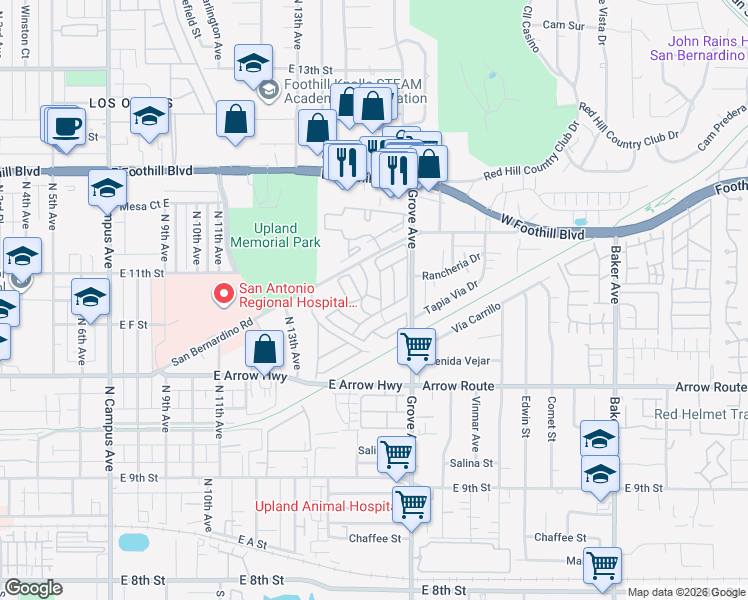 map of restaurants, bars, coffee shops, grocery stores, and more near 1350 San Bernardino Road in Upland