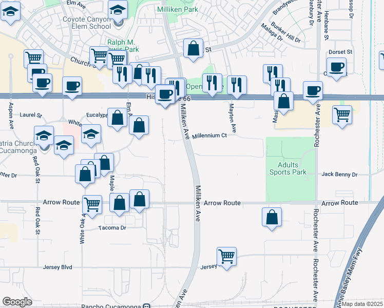map of restaurants, bars, coffee shops, grocery stores, and more near 8329 Milliken Avenue in Rancho Cucamonga