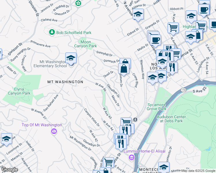 map of restaurants, bars, coffee shops, grocery stores, and more near 486 Mavis Drive in Los Angeles
