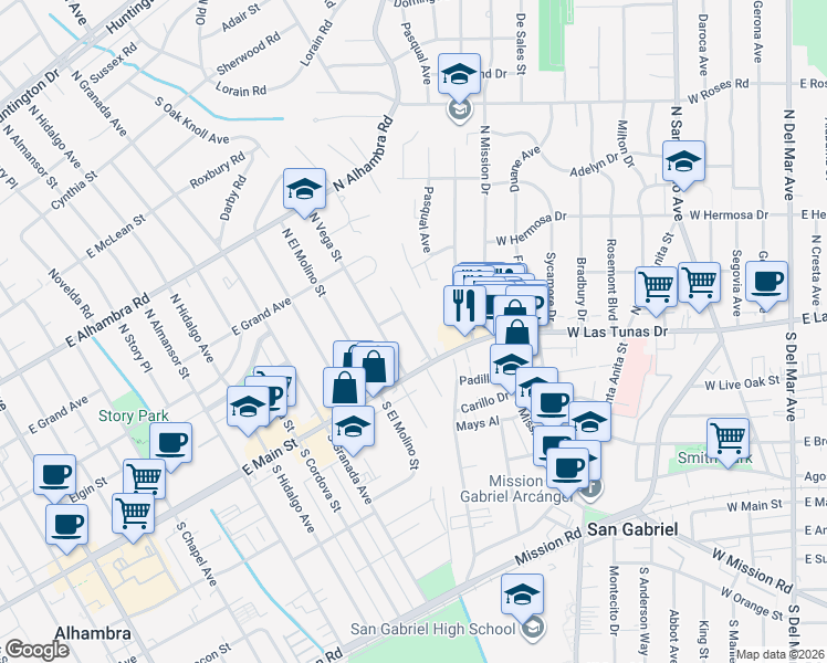 map of restaurants, bars, coffee shops, grocery stores, and more near Champion Place in Alhambra