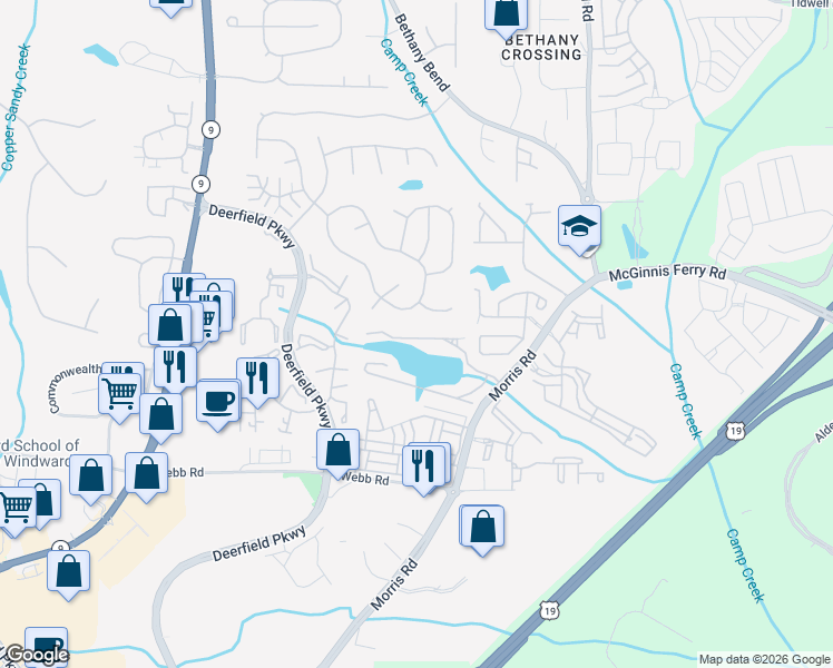 map of restaurants, bars, coffee shops, grocery stores, and more near 3512 Wennington Trc in Alpharetta