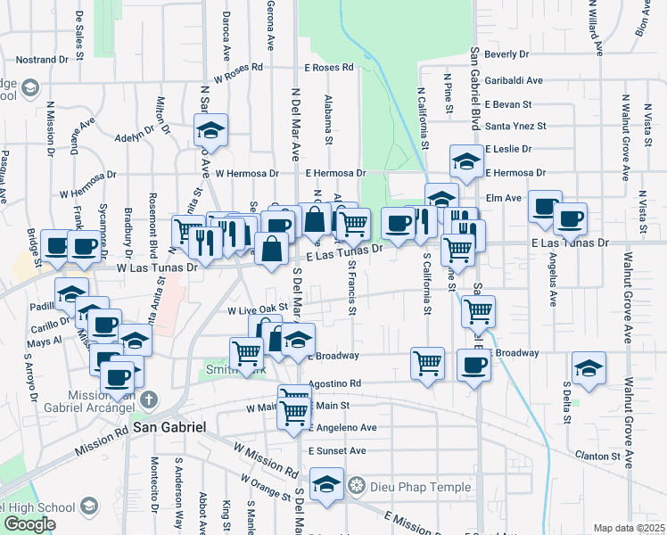map of restaurants, bars, coffee shops, grocery stores, and more near 202 E Las Tunas Dr in San Gabriel