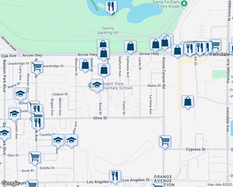 map of restaurants, bars, coffee shops, grocery stores, and more near 15241 De Pedro Court in Baldwin Park