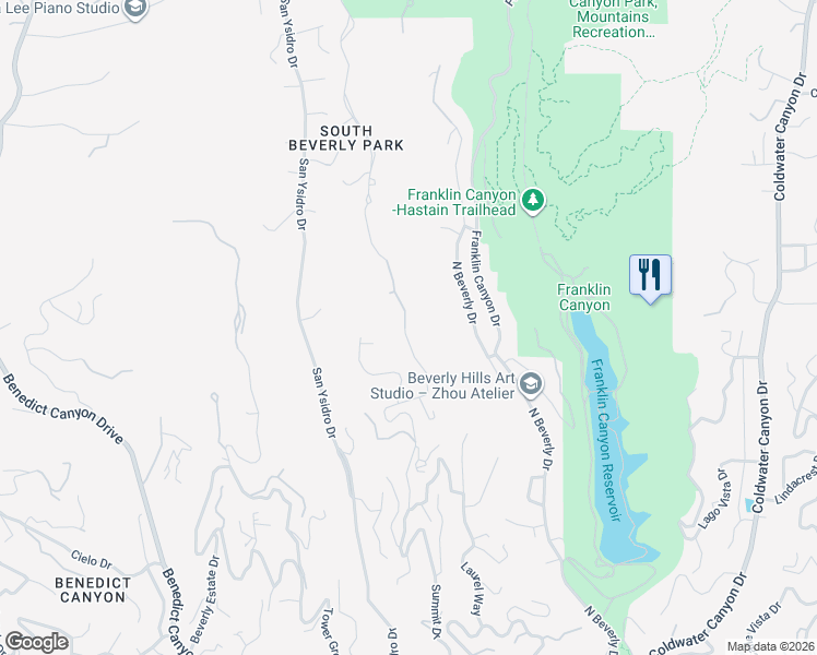 map of restaurants, bars, coffee shops, grocery stores, and more near 1740 Summitridge Drive in Beverly Hills
