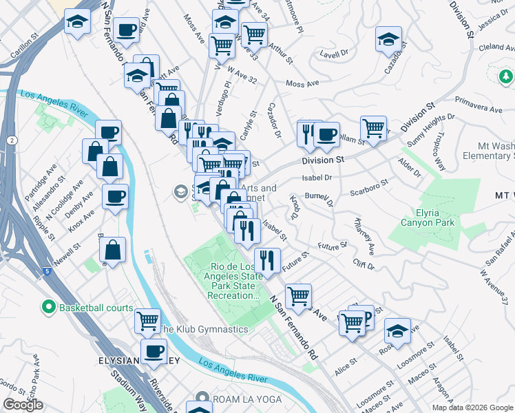 map of restaurants, bars, coffee shops, grocery stores, and more near 2944 Bank Street in Los Angeles