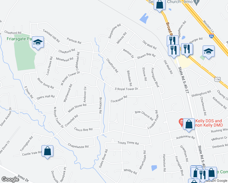 map of restaurants, bars, coffee shops, grocery stores, and more near 100 Chiswick Court in Irmo