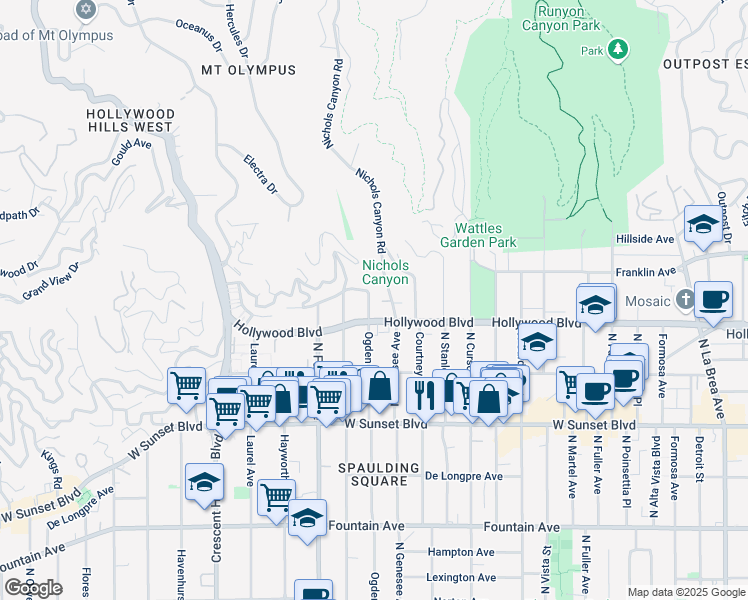 map of restaurants, bars, coffee shops, grocery stores, and more near 1734 North Ogden Drive in Los Angeles