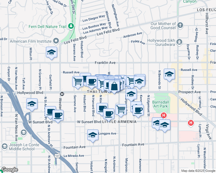 map of restaurants, bars, coffee shops, grocery stores, and more near 1723 Winona Boulevard in Los Angeles