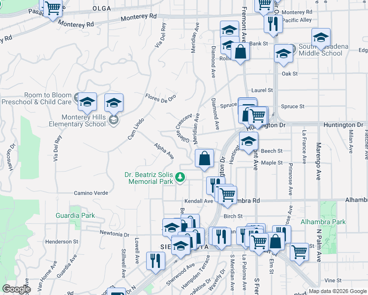 map of restaurants, bars, coffee shops, grocery stores, and more near 854 Oneonta Drive in South Pasadena