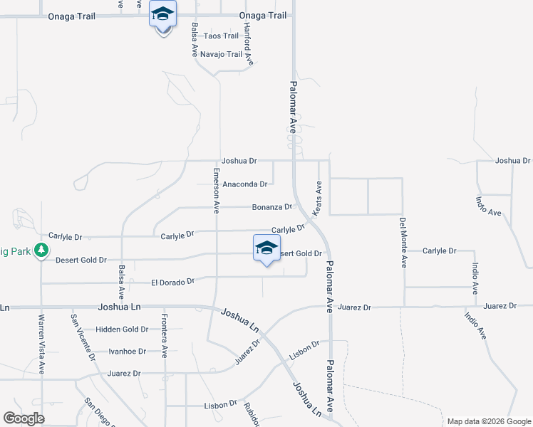 map of restaurants, bars, coffee shops, grocery stores, and more near 58289 Bonanza Drive in Yucca Valley
