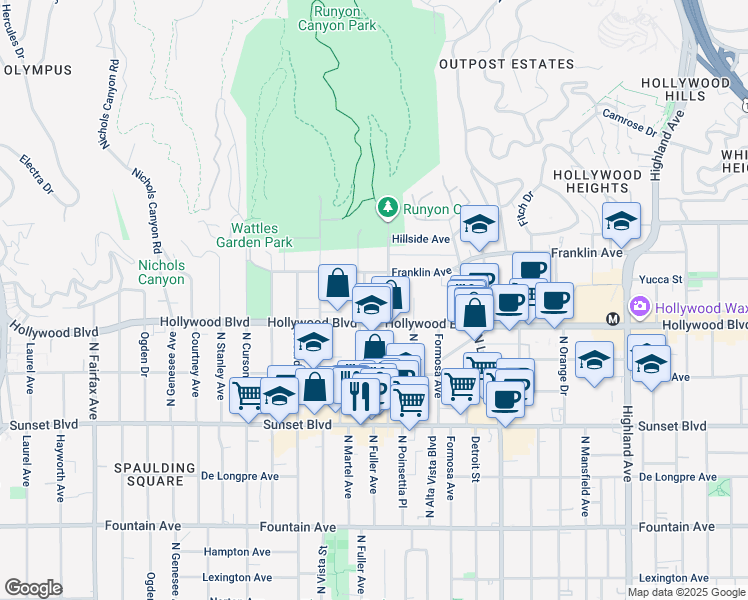 map of restaurants, bars, coffee shops, grocery stores, and more near 1730 Camino Palmero Street in Los Angeles