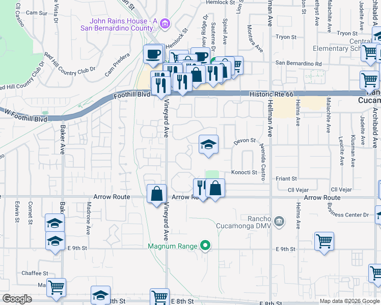 map of restaurants, bars, coffee shops, grocery stores, and more near 8317 Vineyard Avenue in Rancho Cucamonga