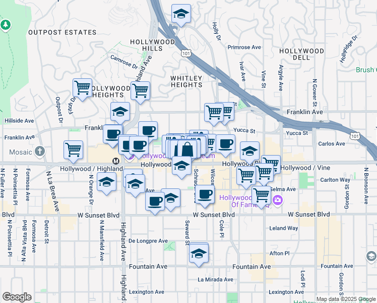 map of restaurants, bars, coffee shops, grocery stores, and more near 1727 Whitley Avenue in Los Angeles