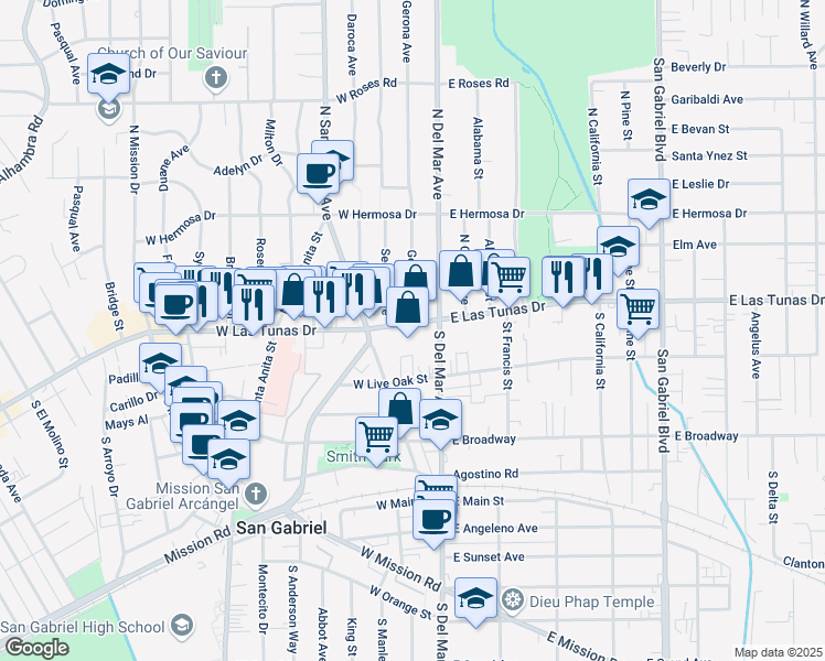map of restaurants, bars, coffee shops, grocery stores, and more near 120 West Las Tunas Drive in San Gabriel