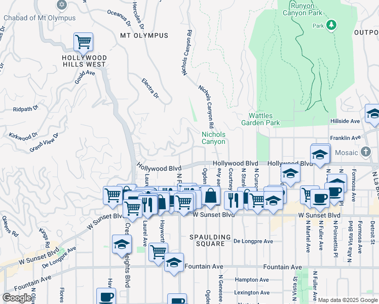 map of restaurants, bars, coffee shops, grocery stores, and more near 1737 North Orange Grove Avenue in Los Angeles