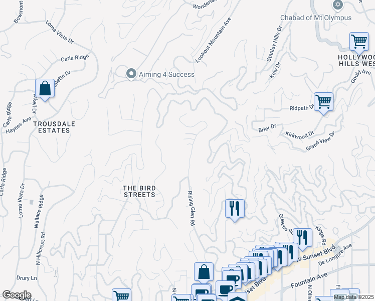 map of restaurants, bars, coffee shops, grocery stores, and more near 1667 Rising Glen Road in Los Angeles