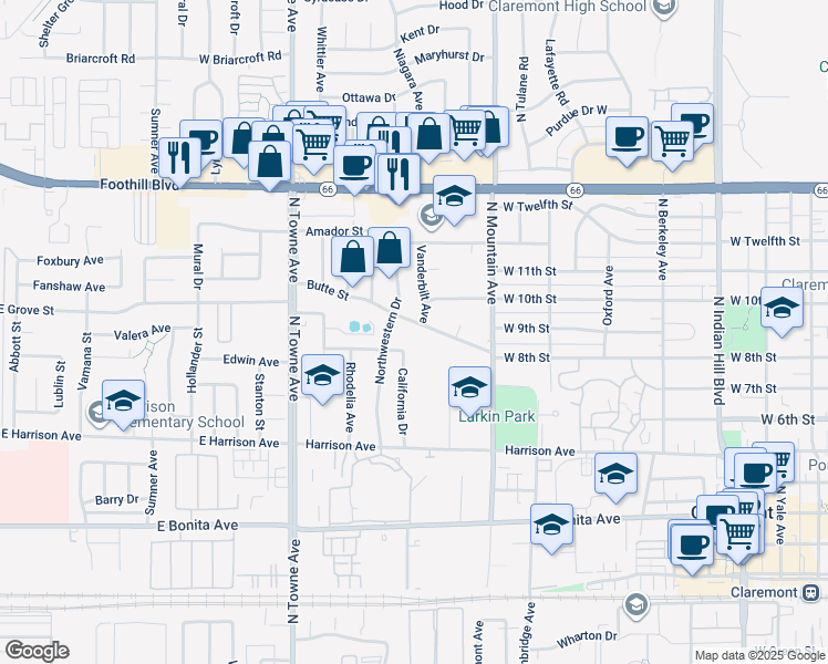 map of restaurants, bars, coffee shops, grocery stores, and more near 906 Butte Street in Claremont