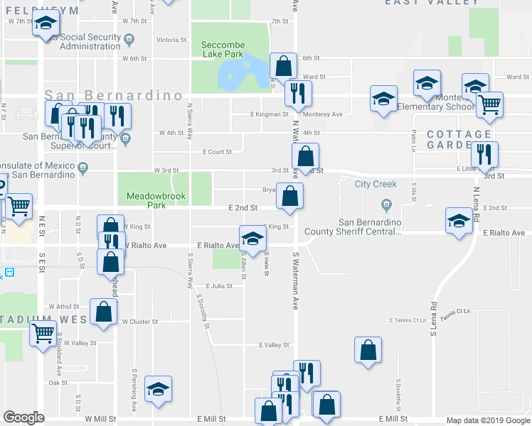 map of restaurants, bars, coffee shops, grocery stores, and more near 247 East 2nd Street in San Bernardino
