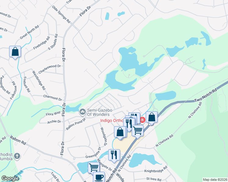 map of restaurants, bars, coffee shops, grocery stores, and more near 100 Southlake Road in Columbia
