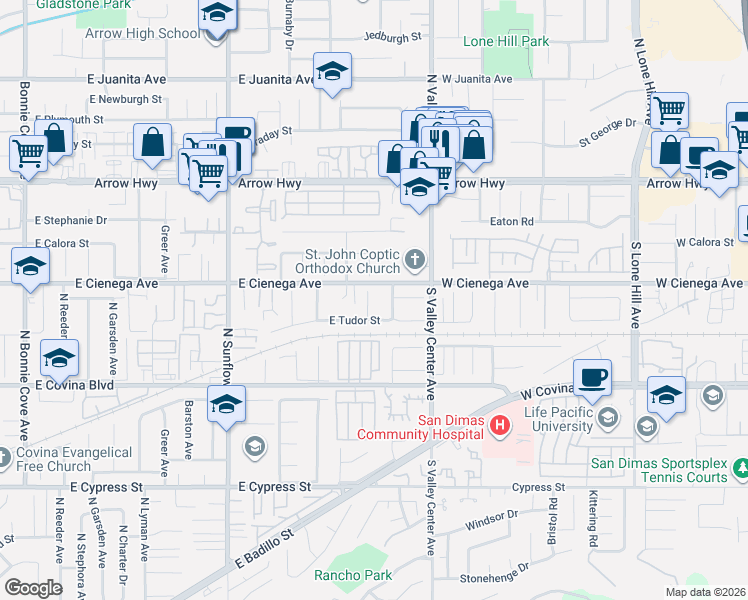 map of restaurants, bars, coffee shops, grocery stores, and more near 4924 North Willow Avenue in Covina