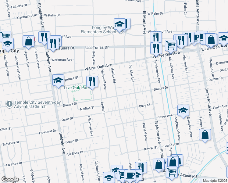 map of restaurants, bars, coffee shops, grocery stores, and more near 5517 Halifax Road in Arcadia