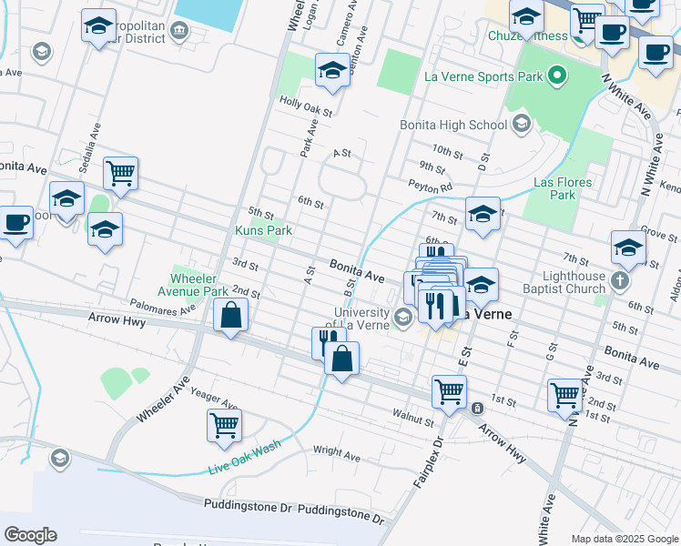 map of restaurants, bars, coffee shops, grocery stores, and more near 1864 Bonita Avenue in La Verne