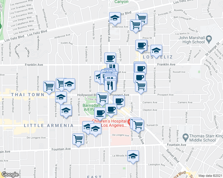 map of restaurants, bars, coffee shops, grocery stores, and more near 1726 North Vermont Avenue in Los Angeles