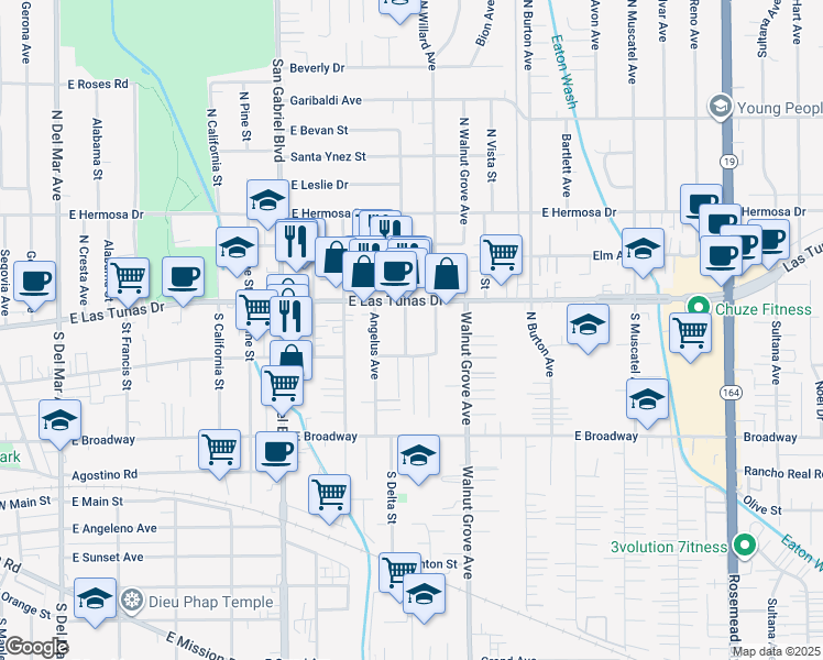 map of restaurants, bars, coffee shops, grocery stores, and more near 5626 North Earle Street in San Gabriel